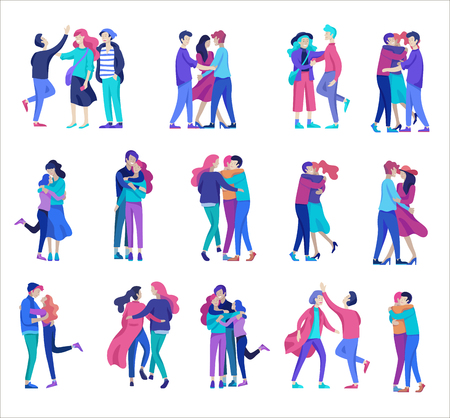 Vector people character. Friends and couple hugging, walking and spend time tygether. Colorful flat concept illustration.のイラスト素材