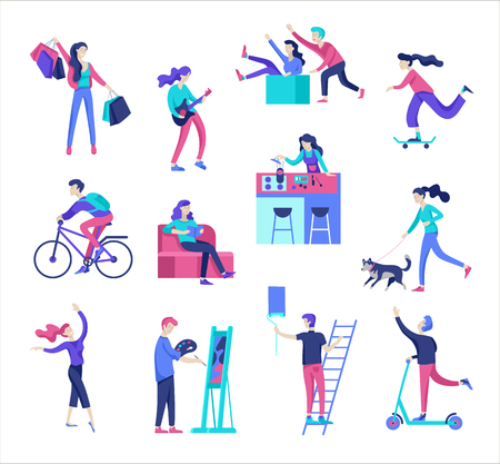 People enjoying their hobbies, reading book, shopping, dancing, cycling, skateboarding, riding a scooter, paint walls and a picture, play the guitar, cooking. Vector characterのイラスト素材