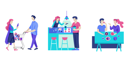Everyday routine scenes and spend time together of young romantic couple. Pair of boy and girl cooking food and eating. Vector people character. Editable outline stroke size. Colorful flat concept illustration.のイラスト素材