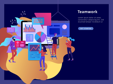 Concept illustration of business, office workers analysis of the evolutionary scale, SEO, market research Web site coding, internet search optimization. Landing page template, social mediaのイラスト素材