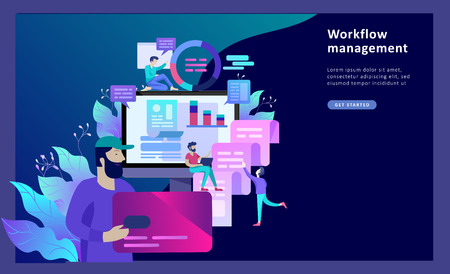 Concept illustration of business, office workers analysis of the evolutionary scale, SEO, market research Web site coding, internet search optimization. Landing page template, social mediaのイラスト素材