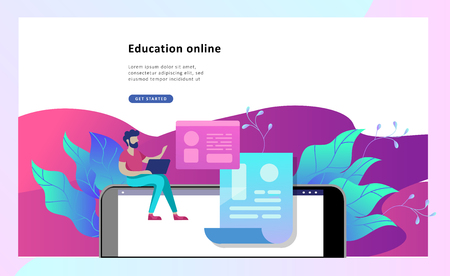 Concept Landing page template Education people, Internet studying, online training, online book, tutorials, e-learning for social media, distance education, documents, cards, postersのイラスト素材