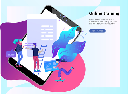 Concept Landing page template Education people, Internet studying, online training, online book, tutorials, e-learning for social media, distance education, documents, cards, postersのイラスト素材