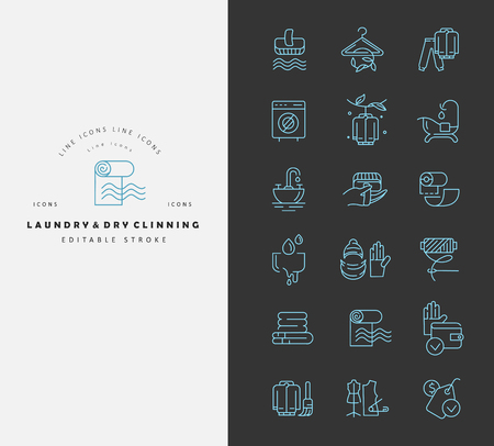 Vector icon and logo for laundry and dry clinning. Editable outline stroke size. Line flat contour, thin and linear design. Simple icons. Concept illustration. Sign, symbol, element.のイラスト素材