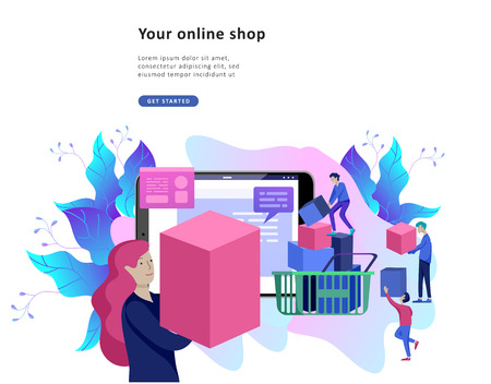 Landing page template of Online Shopping people and mobile payments. Vector illustration pos terminal confirms the payment using a smartphone, Mobile payment, online banking.のイラスト素材