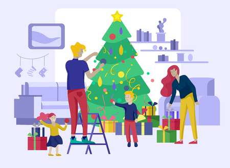 template greeting card winter Holidays. Merry Christmas and Happy New Year Website. People Characters family with present decorating Christmas tree on background of interior living roomのイラスト素材