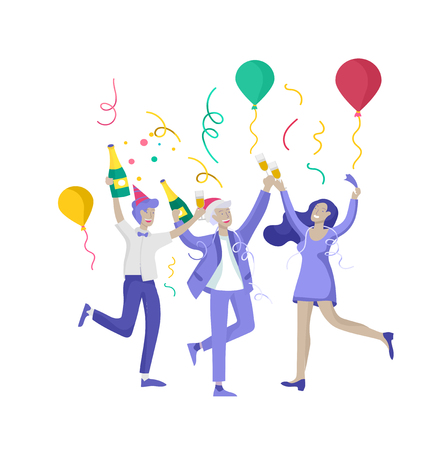 card winter Holidays corporate Party. Merry Christmas and Happy New Year Website with People Characters. Company of young friends or colleagues celebratesのイラスト素材