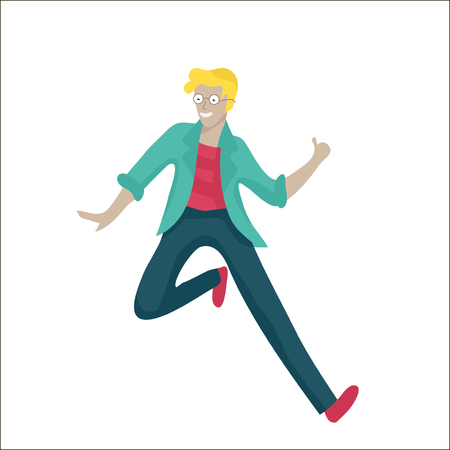 Jumping character in various poses. Happy positive young men rejoicing, happiness, freedom, motion people concept.のイラスト素材
