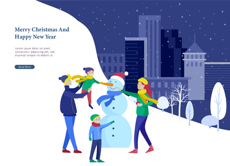 Landing page template greeting card winter Holidays. Merry Christmas and Happy New Year Website. People Characters family makes family snowman in park on snowy landscape backgroundのイラスト素材