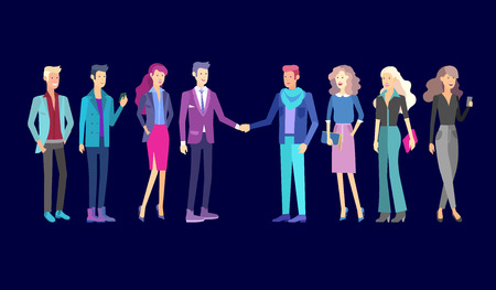 Detailed character business men and women, working people. Business team Lifestyle, stylish clothes style. People with gadgets, backpacks and books, teamwork concept. Flat design people characters.のイラスト素材