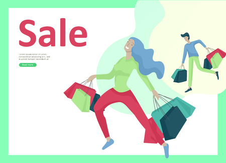 Landing page templates. People running for sale, crazy discounts, end of season, carrying shopping bags with purchases. Madness on seasonal sale at store shop. Cartoon character for black fridayのイラスト素材
