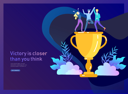Business Team Success hold Golden winner cup, concept of people are happy with victory. Office Workers Celebrating with Big Trophy, ways goals, first place in business, financial growth. Landing pageのイラスト素材