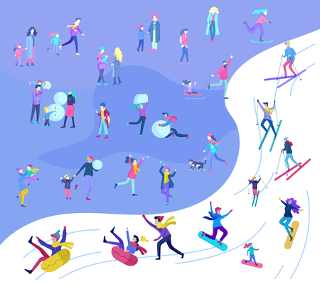 People dressed in winter clothes or outerwear performing outdoor activities fun. Snow festival, sledding and snowboard. Christmas family ski skating, making snowman, skiing wintertime extreme sportのイラスト素材