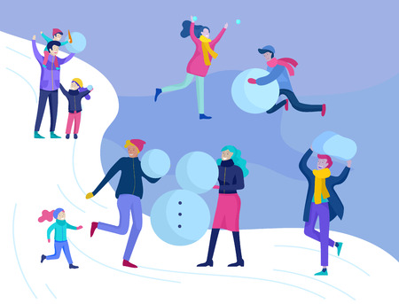 People dressed in winter clothes or outerwear performing outdoor activities fun. Snow festival. Christmas couple and family with kids making snowman, wintertime men and woman relaxing outdoors in parkのイラスト素材