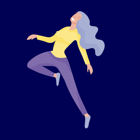 Jumping character in various poses. Happy positive young women rejoicing, happiness, freedom, motion people concept.のイラスト素材