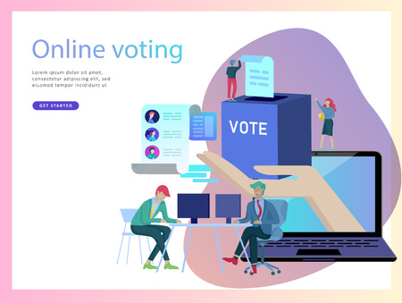 Voting and Election concept. Pre-election campaign. Promotion and advertising of candidate. Citizens debating candidate. Online voting and election concept with people.のイラスト素材
