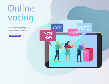 Voting and Election concept. Pre-election campaign. Promotion and advertising of candidate. Citizens debating candidate. Online voting and election concept with people.のイラスト素材