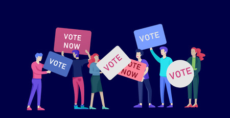Voting and Election concept. Pre-election campaign. Promotion and advertising of candidate. Citizens debating candidates for voting and voting Online voting and election concept with people.のイラスト素材