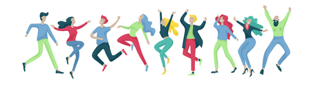 Collection of dancers. Men and women performing dance at school, studio. Male and female characters. Group of young happy dancing people. Smiling young men and women enjoying dance partyのイラスト素材