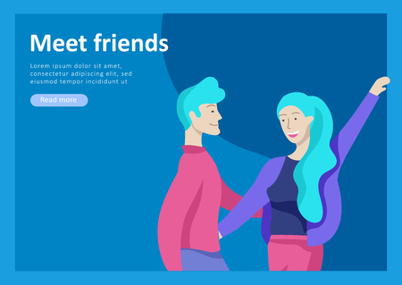 Landing page templates. Vector people happy friends character teenagers with gadgets are walking and chatting, meet new people, chat with old friends and make new. Colorful flat illustrationのイラスト素材