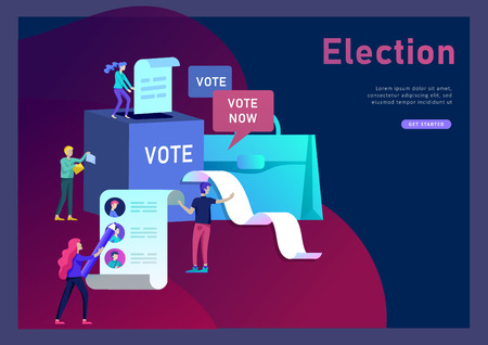 Voting and Election concept. Pre-election campaign. Promotion and advertising of candidate. Citizens debating candidate. Online voting and election concept with people.のイラスト素材