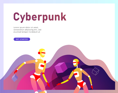 Concept of Artificial Intelligence and Cyber Monday, futuristic cyberpunk design, cyborgs work on surrealistic project, modern nano technology for website and mobile website. Landing page templateのイラスト素材