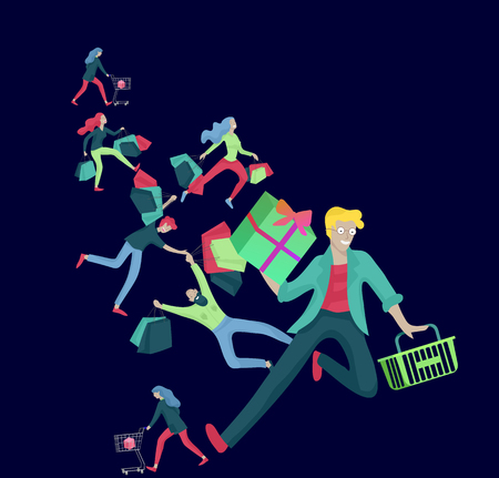 Collection of people carrying shopping bags with purchases. Madness on sale, line of crazy Men and women taking part in seasonal sale at store, shop, mall. Cartoon characters concept for black friday.のイラスト素材