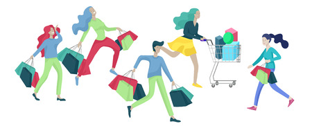 Collection of people carrying shopping bags with purchases. Madness on sale, line of crazy Men and women taking part in seasonal sale at store, shop, mall. Cartoon characters concept for black friday.のイラスト素材
