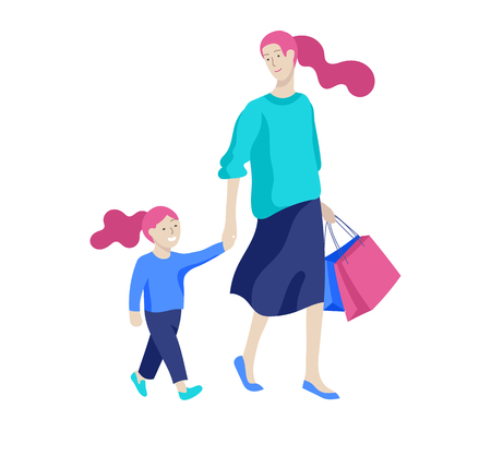 Vector people character. Mother and daughter spending time together. Colorful flat concept illustration.のイラスト素材