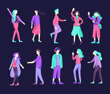 Vector people happy friends character. Group of teenagers in winter or autumn trendy clother, with gadgets are walking and chatting. Colorful flat concept illustration.のイラスト素材