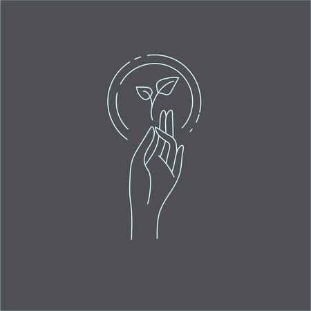 Vector icon and logo with hand for natural cosmetics and care dry skin. Editable outline stroke size. Line flat contour, thin and linear design. Simple icons. Concept illustration. Sign, symbol, element.のイラスト素材