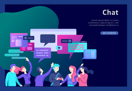 Concept Landing page template, flat style, businessmen discuss social network, news, social networks, chat, dialogue speech bubbles, new projectsのイラスト素材