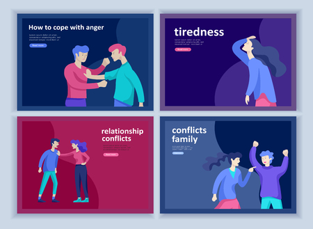 Set of Landing page templates for psyhology mental problems, depression panic attacks, paranoia anger control, relationship family conflict, stress and misunderstanding, group psychotherapy characterのイラスト素材