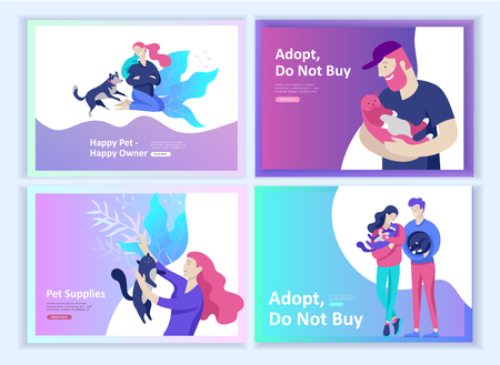 Set of Landing page templates with Vector character. Happy people with their pets, cat love their owners, care and love, pet shop and veterinary pharmacy. Animal Protection Day and adoption. ?oncept illustrationのイラスト素材