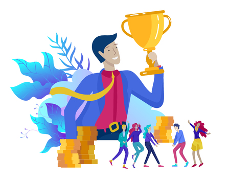 Business Team Success hold Golden winner cup, concept of people are happy with victory. Office Workers Celebrating with Big Trophy, ways goals, first place in business, financial growth. Landing pageのイラスト素材