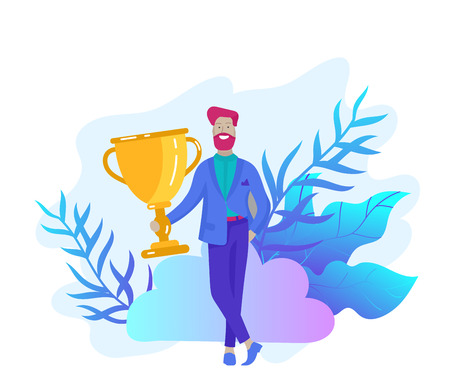 Business Team Success hold Golden winner cup, concept of people are happy with victory. Office Workers Celebrating with Big Trophy, ways goals, first place in business, financial growth. Landing pageのイラスト素材