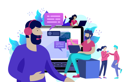 Concept Landing page template customer service, male hotline operator advises client, online global technical support, customer and operatorのイラスト素材