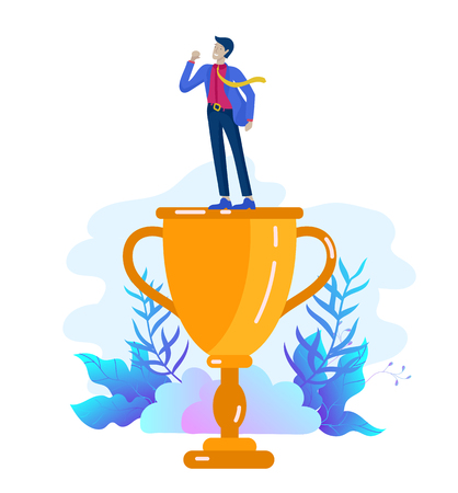 Business Team Success hold Golden winner cup, concept of people are happy with victory. Office Workers Celebrating with Big Trophy, ways goals, first place in business, financial growth. Landing pageのイラスト素材