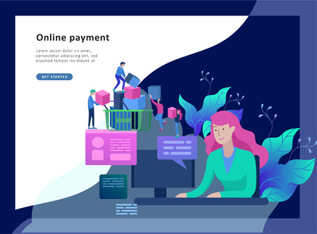 Landing page template of Online Shopping people and mobile payments. Vector illustration pos terminal confirms the payment using a smartphone, Mobile payment, online banking.のイラスト素材