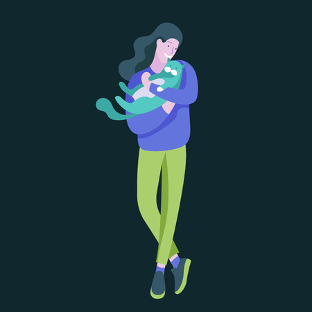 Vector character. Happy people with their pets, cat love their owners. Colorful flat concept illustration.のイラスト素材
