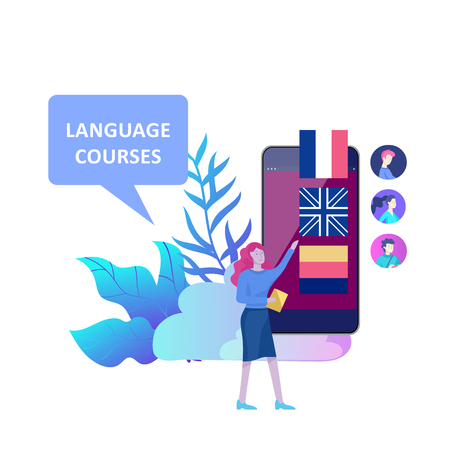 Online language courses, distance education, training. Language Learning Interface and Teaching Concept. Education Concept, training young people. Internet studentsのイラスト素材