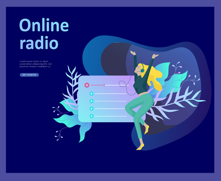 Concept of internet online radio streaming listening, people relax listen dance. Music applications, playlist online songs, radio station. Music blog, sound recording studio. Landing page template.のイラスト素材