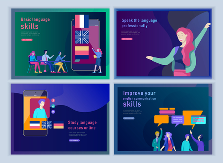 Set of Landing page templates for Online language courses, distance education, training. Language Learning Interface and Teaching Concept. Education Concept, training young people. Internet studentsのイラスト素材