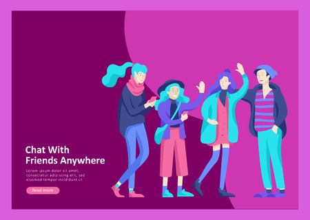 Landing page templates. Vector people happy friends character teenagers with gadgets are walking and chatting, meet new people, chat with old friends and make new. Colorful flat illustrationのイラスト素材
