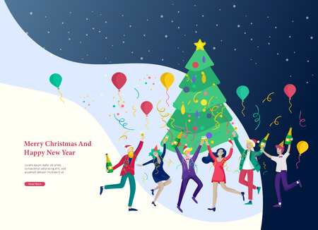 Landing page template or card winter Holidays corporate Party. Merry Christmas and Happy New Year Website with People Characters. Company of young friends or colleagues celebratesのイラスト素材