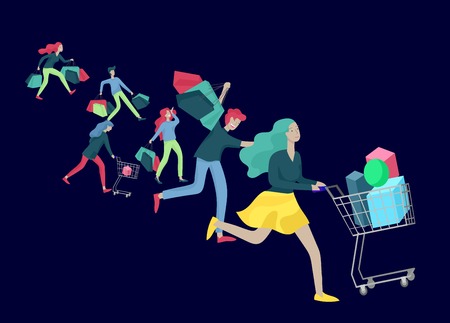 Collection of people carrying shopping bags with purchases. Madness on sale, line of crazy Men and women taking part in seasonal sale at store, shop, mall. Cartoon characters concept for black friday.のイラスト素材