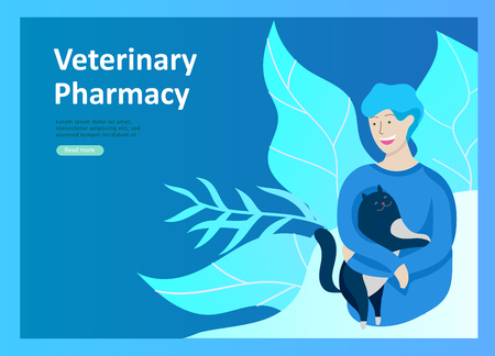 Set of Landing Page Templates with Vector Symbol. Happy people with their pets, a cat loves its owners, care and love, a pet shop and a veterinary pharmacy. Animal Day and adoption. Vector illustrationのイラスト素材