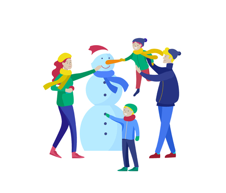 template greeting card winter Holidays. Merry Christmas and Happy New Year Website. People Characters family makes family snowmanのイラスト素材
