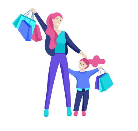 Vector people character. Mother and daughter spending time together, read a book and play, bathe the baby, walk and shopping. Colorful flat concept illustration.のイラスト素材