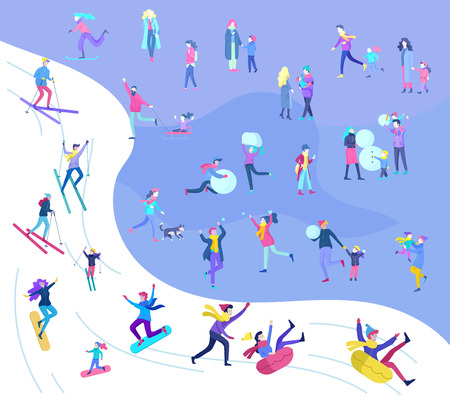 People dressed in winter clothes or outerwear performing outdoor activities fun. Snow festival, sledding and snowboard. Christmas family ski skating, making snowman, skiing wintertime extreme sportのイラスト素材